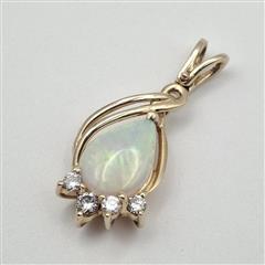14K Yellow Gold Elegant Pear Cabochon Opal & Diamond Accent Teardrop Pendant